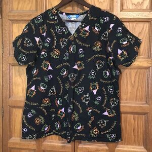 Scrub Wear Halloween Top Women's L Cotton V-Neck Short Sleeves 2 Pockets Scrubs